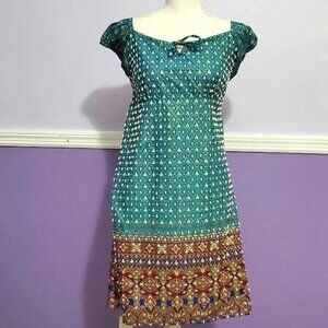 Shoreline Boho Gypsy Turquoise & Brown Beaded Princess Style Mini Dress S